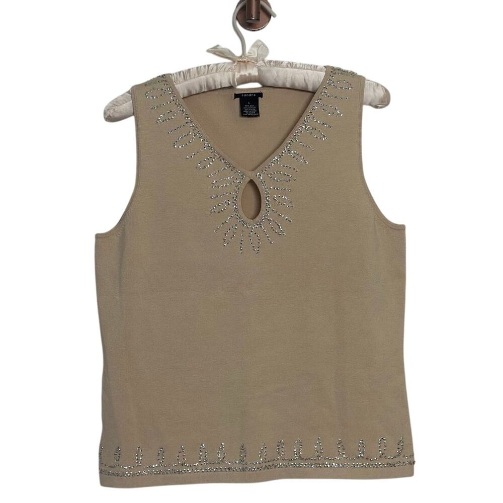 Vintage Silk Keyhole Stretch Knit Rhinestone Y2K Tank Top Beige Silver Boho Chic